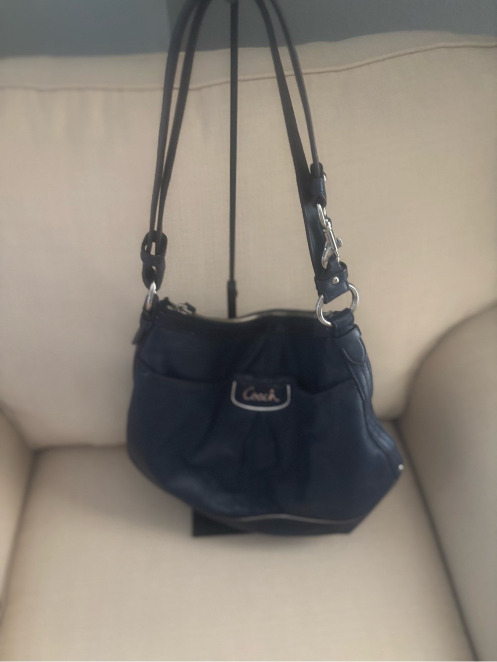 Coach Ashley Navy Leather Shoulder Hobo with Silver Hardware